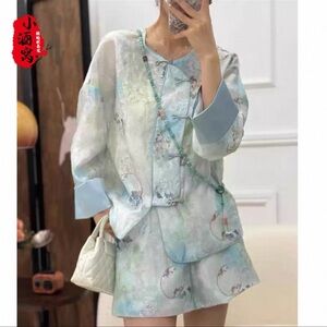 Floral jacket and short Set with Blue Accents